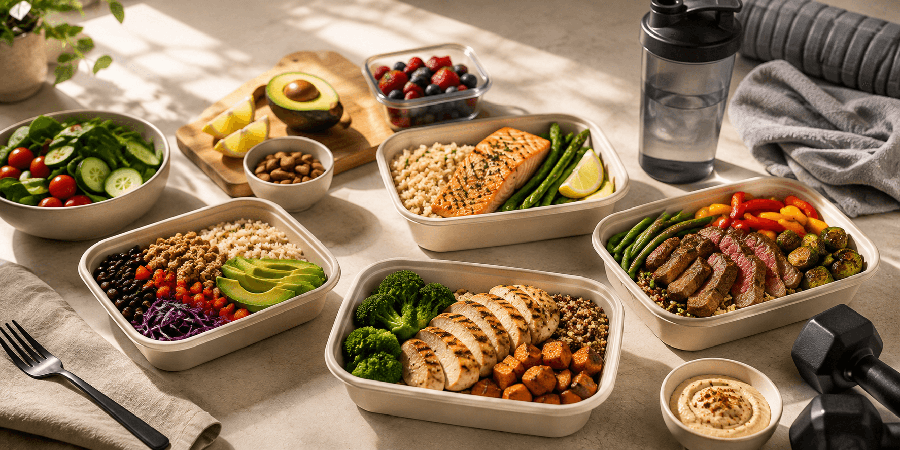 Healthy protein bowl with chicken, peppers, cabbage, sprouts on a wooden board with side bowls of walnuts and hummus, top-down editorial composition